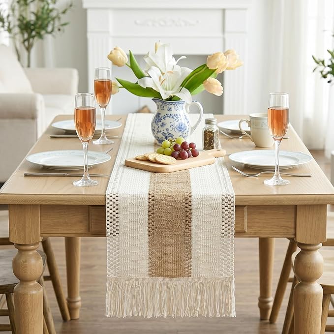 OurWarm Macrame Table Runner Farmhouse Style, Natural Burlap Boho Table Runner Modern Farmhouse Decor Rustic Woven Cotton Crochet Lace for Bohemian, Rustic,Bridal, Shower Wedding, Dinner, 72" x 12"