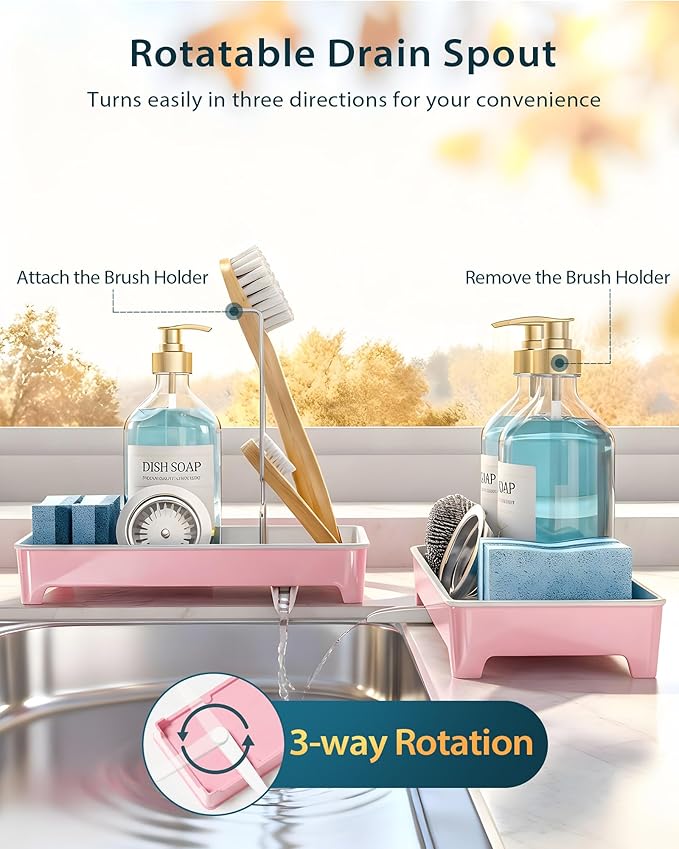 Minimalist Sink Caddy, Rustproof Sponge Holder for Kitchen Sink with 304 Stainless-Steel Brush Holder, Countertop Rack Organizer with Raised Ridges & Silicone Drain Tube (Blush Pink, Large)