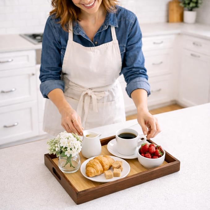 Bamboo Serving Tray with Handles (16 Inches) - Wooden Ottoman Tray for Coffee Table, Breakfast in Bed, Charcuterie - Decorative Food Tray for Living Room, Kitchen and Home Decor