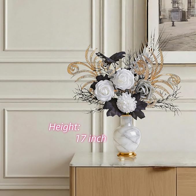 17" Modern Metallic Black and Gold Artificial Flowers, 14 Pcs Silk Rose Bouquet, Luxury Gothic Home Decor for Table Centerpiece, Faux Floral Arrangement for Hotel & Office (Vase Not Included)