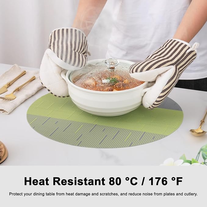 Round Placemats Set of 8, 15 Inch Woven Vinyl Heat Resistant Place Mats, Washable Non Slip PVC Table Mats for Kitchen Dining Party Outdoor Table Decor (Gray Grass Green, 8)