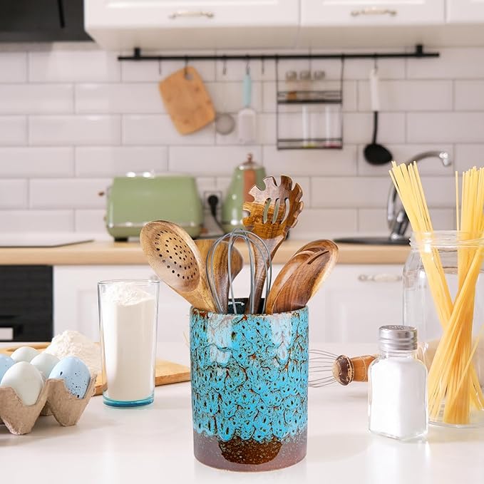 Utensil Holder, Blue Ceramic Kitchen Utensil Holder for Countertop, Large Cooking Utensil Crocks for Kitchen Counter, Morden Utensil Organizer for Spatula, kitchen Decor