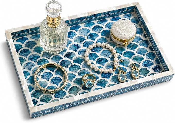 Mother of Pearl Inlay Wooden Tray – Handmade Decorative Rectangle Serving Tray for Coffee Table, Kitchen, Bathroom, Vanity or Living Room Decor, Coastal