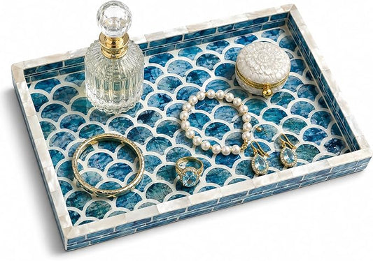 Mother of Pearl Inlay Wooden Tray – Handmade Decorative Rectangle Serving Tray for Coffee Table, Kitchen, Bathroom, Vanity or Living Room Decor, Coastal