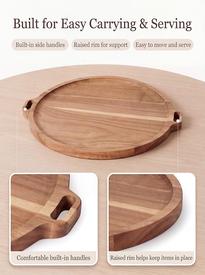 Premium Acacia Wood Round Charcuterie Board, 13 Inch Snack Board with Side Handles, Wooden Cheese Board and Serving Platter for Appetizers, Bread, Fruit and Snacks