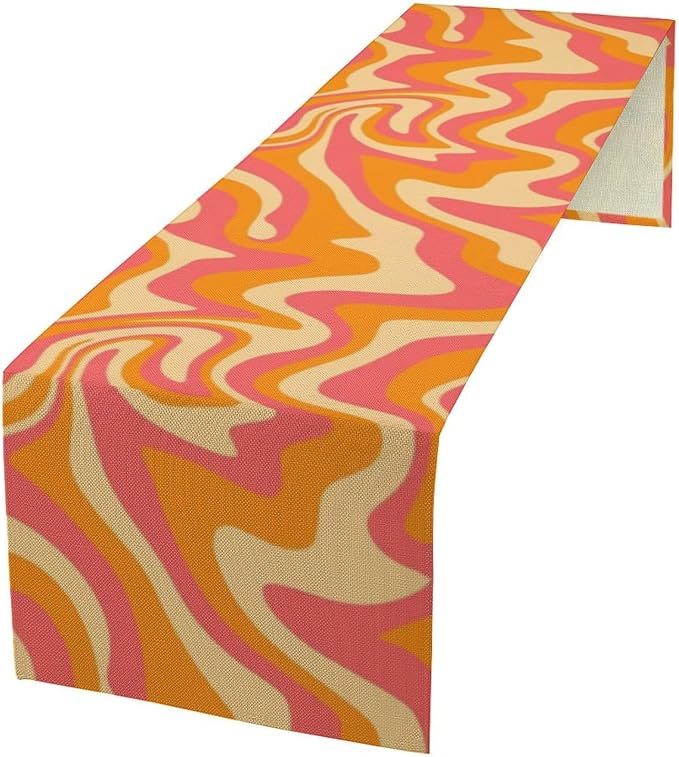 Retro 70s Groovy Table Runner,Vintage Abstract Modern Art Orange Boho Spiral Swirl Waves Farmhouse Country Dinner Runner for Home Kitchen Dining Table Party Holiday Decor 13"x36"