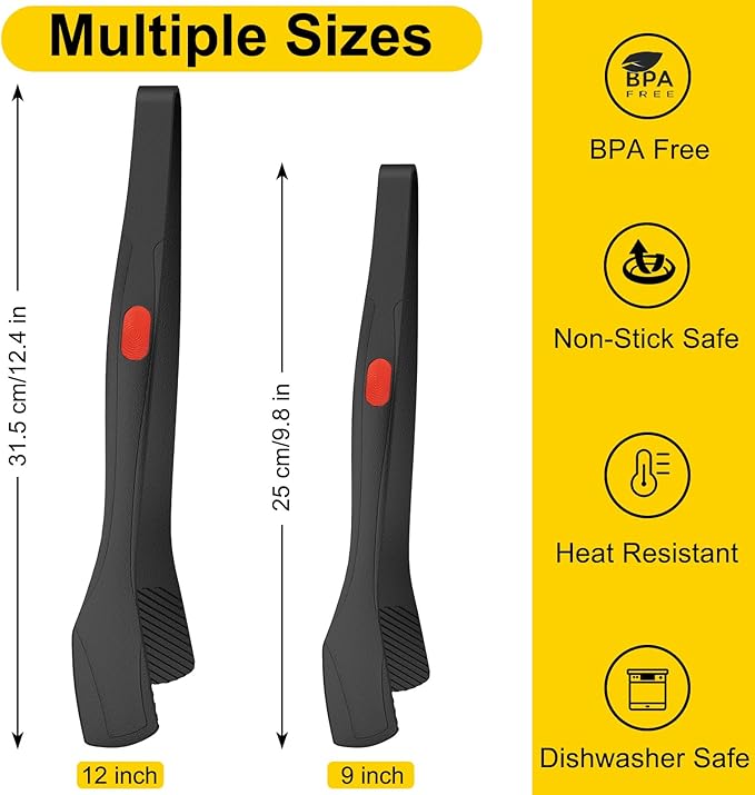 Beijiyi Kitchen Tongs for Cooking, 9" & 12" Set, Silicone Cooking Tongs with Silicone Tip for Nonstick Cookware, 600°F Heat Resistant, Stainless Steel Core, Great for Grilling and Serving Food (Black)
