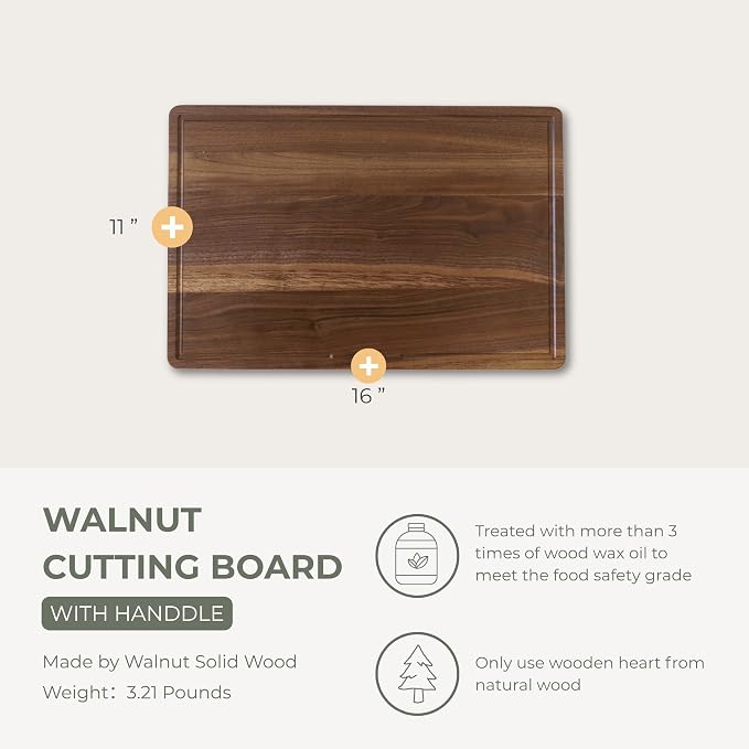 muso wood Walnut Wood Cutting Board 18"x12" - 1" Thick, Wooden Kitchen Chopping Board with U-Shaped Juice Groove & Handle, Heavy Duty Cutting Board for Vegetables, Meat, Fruits