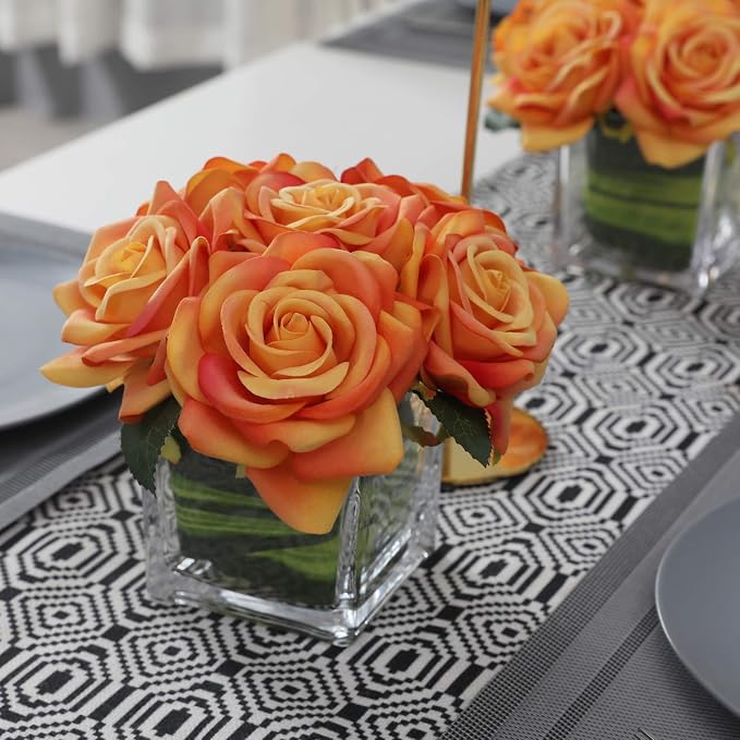 Fule Artificial Velvet Rose Flower Centerpiece Arrangement in vase for Home Wedding Decoration (Orange)
