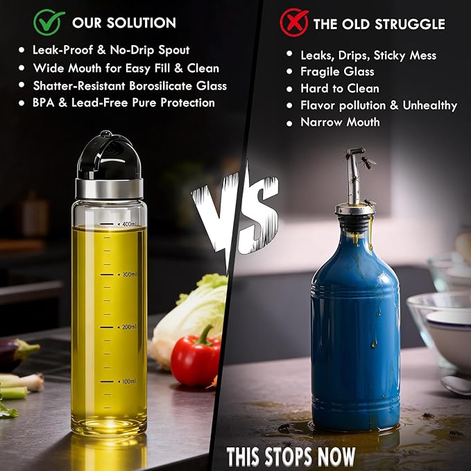 Leakproof Olive Oil Dispenser Bottle with No-Drip Spout - Shatterproof Borosilicate Glass with Dust Cover & Wide Mouth - Heat-Resistant 15oz Oil and Vinegar Cruet for Kitchen, Cooking, Salad Dressing