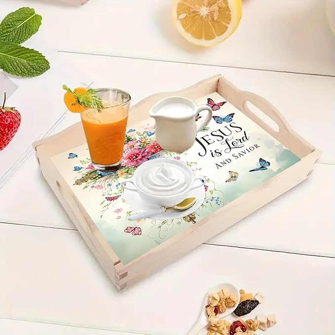 BAYUNOE DIY Diamond Serving Tray Rectangular Breakfast Tray with Handle Handmade Diamond Art Painting Wooden Tray Spring Creative Dinner Plate Coffee Room Living Home Organizer-Flower Cross