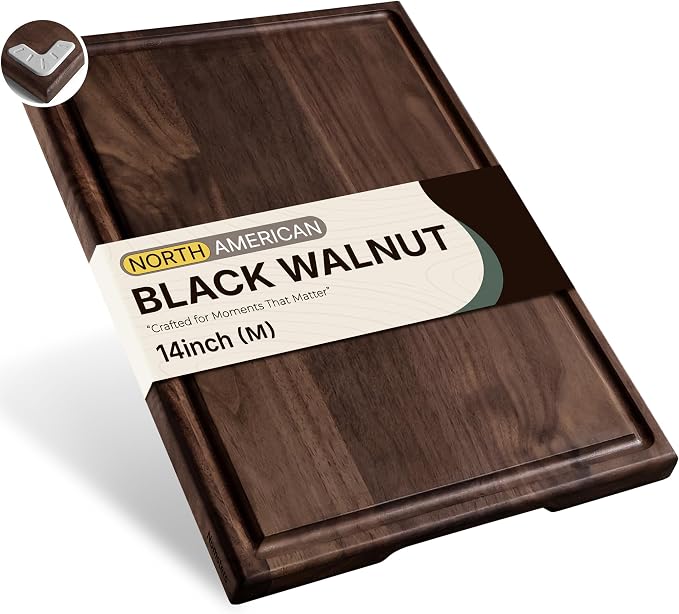 Black Walnut Wood Cutting Boards for Kitchen, 14 Inch Reversible Wooden Cutting Board, Handcraft Solid Hardwood Medium Charcuterie Board Butcher Block Made in USA Kitchen Gift