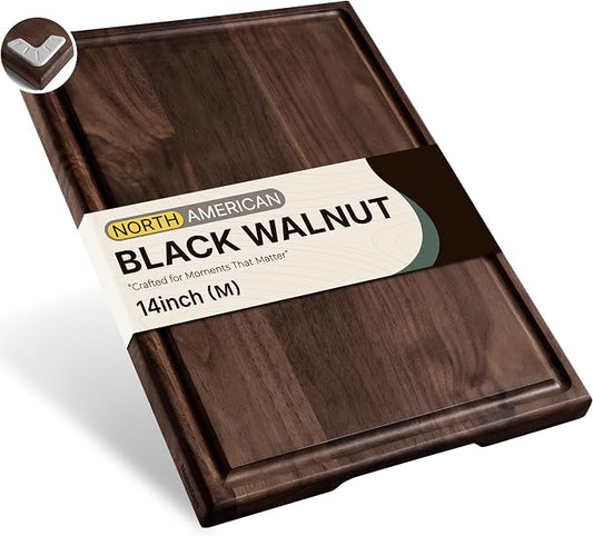 Black Walnut Wood Cutting Boards for Kitchen, 14 Inch Reversible Wooden Cutting Board, Handcraft Solid Hardwood Medium Charcuterie Board Butcher Block Made in USA Kitchen Gift
