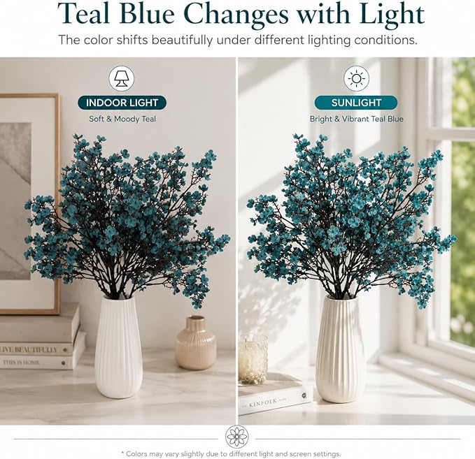 Mandy's Teal Artificial Baby’s Breath Flowers 15 Bundles Silk Gypsophila, 18.5 Inch European Style Modern Home Decor Centerpiece, Neutral Wedding Flower Arrangements