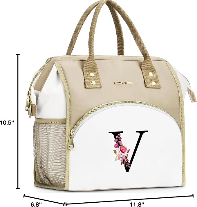 Initial Lunch Bag Women, Cooler Insulated Lunch Bag, Large Adult Leakproof Lunch Box for Picnic Work, Personalized Tote Bag, Birthday Gifts/Mother's Day Gifts, Letter V.