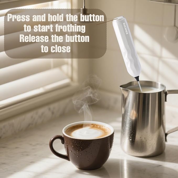 RAYONNER Milk Frother Handheld Fast Powerful Drink Mixer with Stainless Steel Whisk for Coffee (2Pack White with Stand)