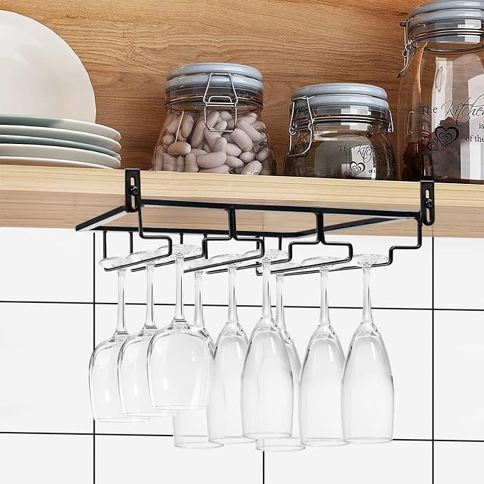 AUHOKY 2Pcs Adjustable Wine Glass Rack Under Cabinet, Punch-Free 3 Rows Stemware Metal Holder, Hanging Glass Storage Hanger Organizer for Shelf Kitchen Bar Decor (3 Rows, Black)