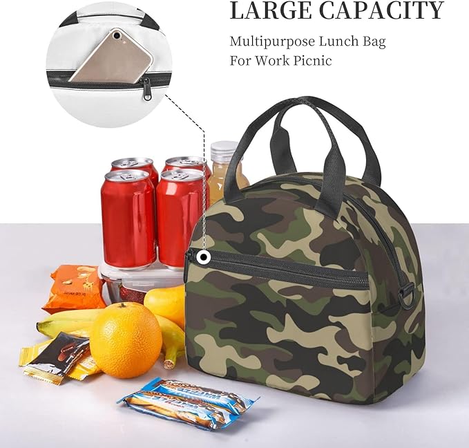 bassyil Camouflage Hunting Camo Insulated Lunch Bag Reusable Lunch Box With Adjustable Shoulder Strap Cooler Tote Bag For Men Women