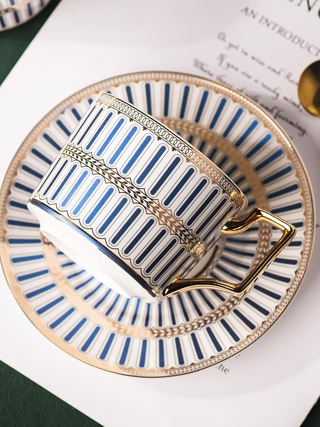 CwlwGO-Bone China Cups & Saucers Set of 2 (7 oz) with Gold Spoon and Gifts Box, White Tea Cups Sets,Cappuccino Cups,Ceramic British Coffee Cup Set.