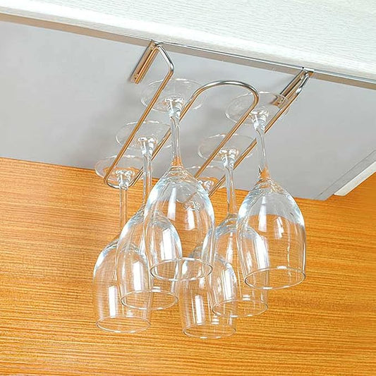 V3VOGUE Stainless Steel Under Shelf Wine Glass Holder, Under Cabinet Stemware Glasses Storage Hanger, Punch-Free Hanging Stemware Holder, Wire Hanging Rack (Single Row, Double Row)