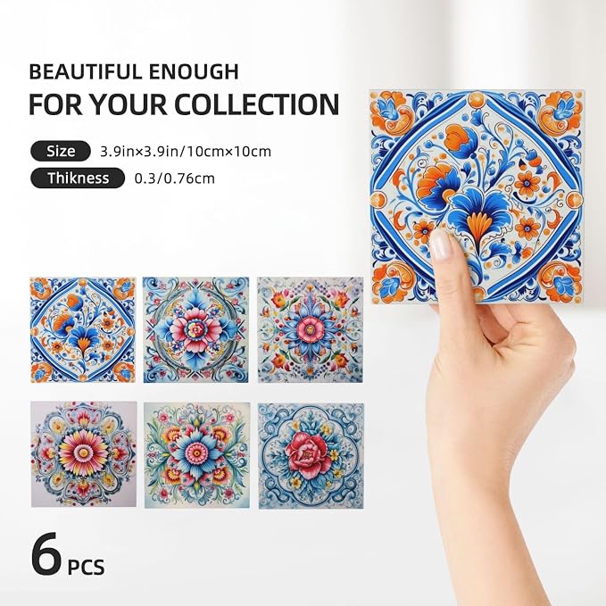 Coaster for Drinks Set of 6, Blue Vintage Spanish Ceramic Floral Absorbent Round Ceramic Stone Mat, with Cork Base and Metal Holder, Gift for Housewarming Room Bar Decor (Ornate Mosaic Tile-6)