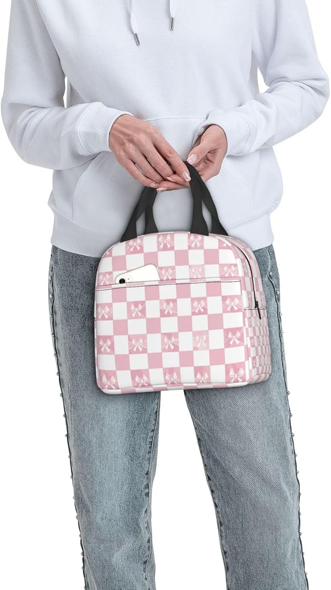 Lunch Bag Pink Check Bow Pattern Insulated Lunch Box Cooler Tote for Adults Student Boys Girls Women Men Work Office School Picnic Beach Reusable Lunchbox Over 3 Years Old