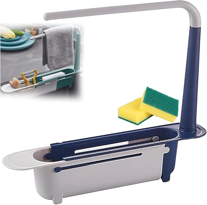 2026 Updated Telescopic Sink Storage Rack Adjustable, Kitchen Organizer Soap Sponge Holder with Dishcloth Hange, Expandable Length Sink Rack Holder for Home Kitchen (Blue)