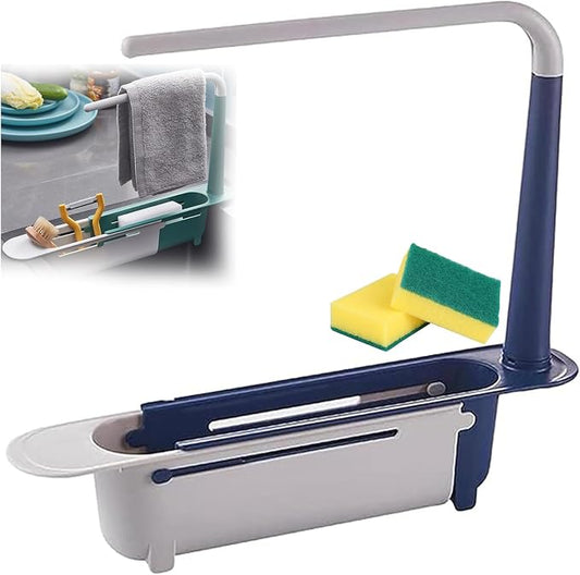2026 Updated Telescopic Sink Storage Rack Adjustable, Kitchen Organizer Soap Sponge Holder with Dishcloth Hange, Expandable Length Sink Rack Holder for Home Kitchen (Blue)