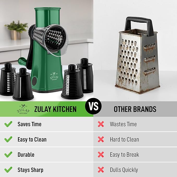 Zulay Kitchen Rotary Cheese Grater 5 Blade Cheese Shredder - Manual Hand Crank Cheese Grater With Reinforced Suction & 5 Interchangeable Drums - Easy to Use, Vegetable Chopper Round Mandoline Slicer