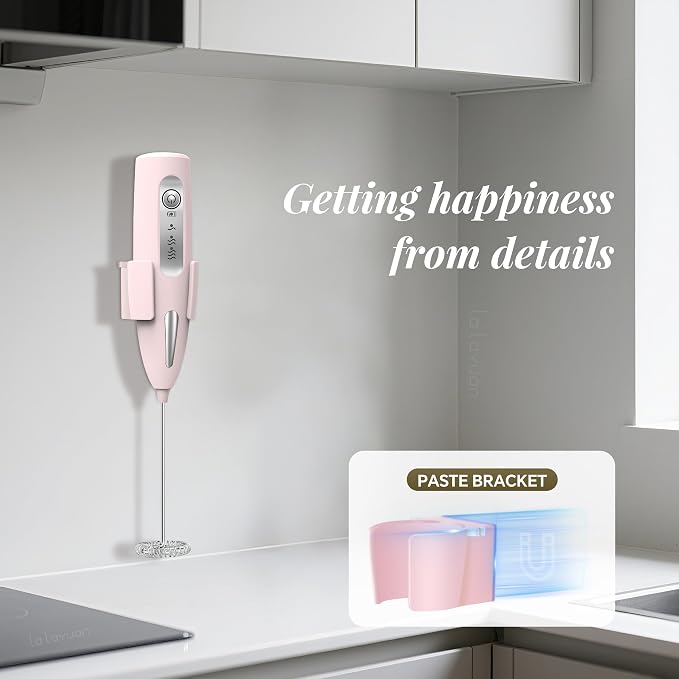 Electric Milk Frother, Three speed adjustment, USB Rechargeable Cordless Hand Blender with Sticky Stand Included, Portable Kitchen Stainless Steel Egg Beater, Mixed Drinks, Coffee Stirrers (Pink)