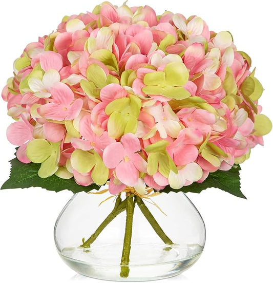 Hollyone Hydrangea Artificial Flowers with Glass Vase Pink-Green Silk Faux Flowers Arrangements in Vase with Faux Water Fake Floral Bulk Bouquet for Home Decor Table Centerpiece Decorations