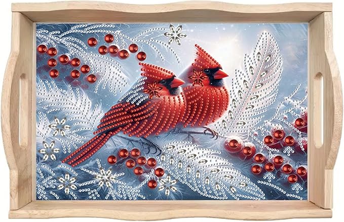DIY Diamond Serving Tray with Handle Handmade Diamond Art Painting Wooden Rectangular Breakfast Tray for Dinner Plate Coffee Room Living Home Organizer-Cardinal02