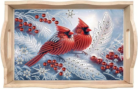 DIY Diamond Serving Tray with Handle Handmade Diamond Art Painting Wooden Rectangular Breakfast Tray for Dinner Plate Coffee Room Living Home Organizer-Cardinal02