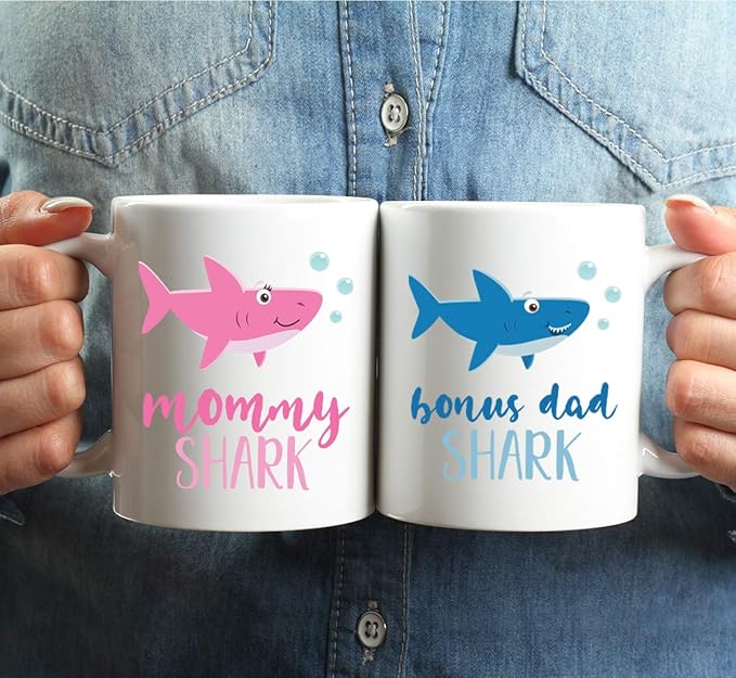 Andaz Press Baby Shark Family 11oz. Coffee Mug Gift Set, Mommy Shark, Bonus Dad Shark, 2-Pack, Shark Do Do Do Gift Idea Birthday Christmas Gifts for Step Dad Mother's Father's Day