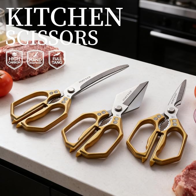 Kitchen Scissors Set Gold 3PCS, Heavy Duty Poultry Shears Kitchen Shear for Food Chicken Scissor All Purpose,Japan Meat Cutting Scissors, Bones Food Cooking Shears, Gifts for Men Women Mom Dad