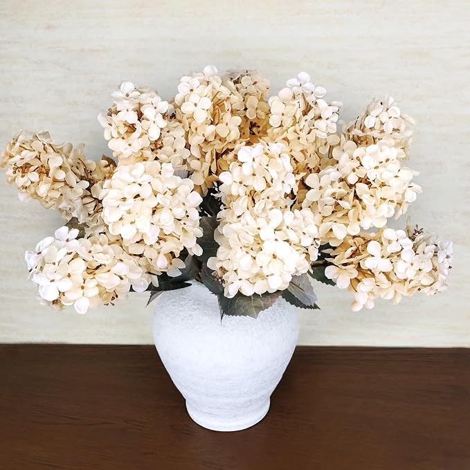 2FT Hydrangea Artificial Flowers - 10 PCS Long Stem Faux Cone Hydrangeas for Tall Vase, DIY Vintage Floral Table centerpieces for Dining Room, and Home Kitchen Decorations - Ivory White