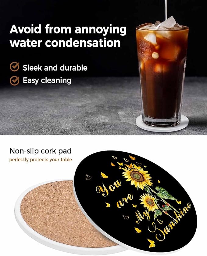 Coasters Set of 6 Sunflowers Drink Coasters with Holder Absorbent Stone Ceramic Cup Mat Black Butterfly You are My Sunshine Coaster for Drinks Coffee Bar Office Kitchen Cafe Home Decor