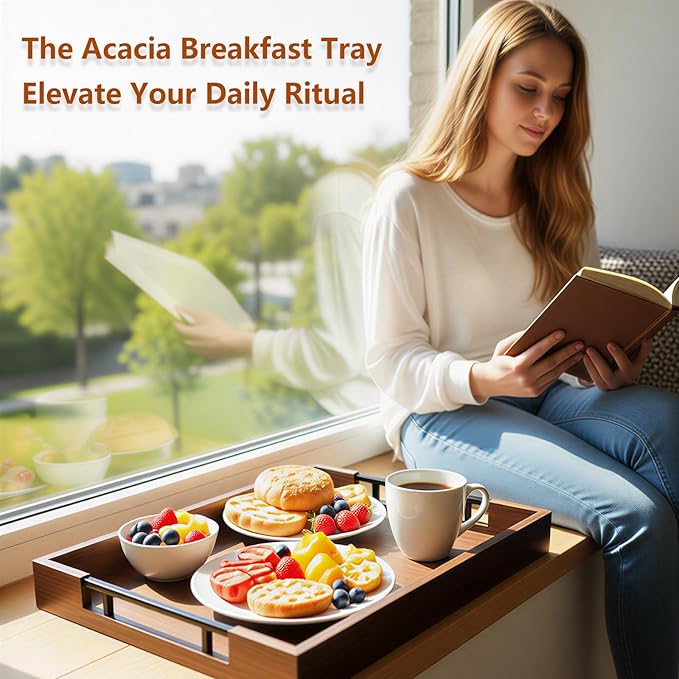 Acacia Wood Serving Tray, 17x13in Ottoman Tray with Metal Handles, Decorative Tray for Coffee Table, Rustic Wooden Breakfast & Drink Tray for Breakfast, Dinner & Bar, Storage Tray for Kitchen