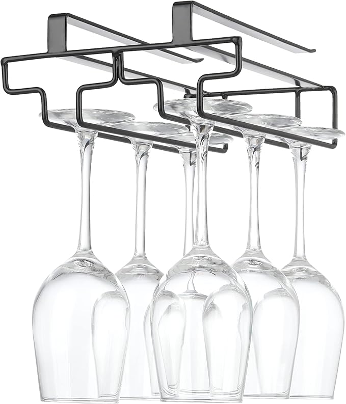 Wine Glass Rack Under Cabinet Drilling Free No Screw Steamware Holder Under Shelf Metal Wine Glasses Holders 304 Stainless Steel Hanger Storage Organizer Hanging Glass Fit for Bar Kitchen 2 Rows Black