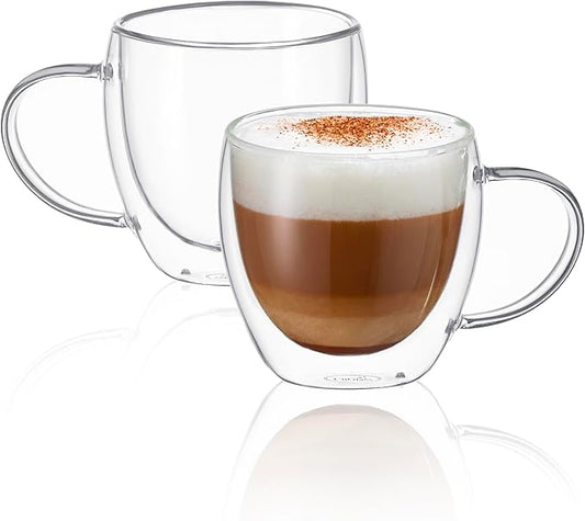 CNGLASS Double Wall Glass Coffee Mugs with Handle,8.5oz Clear Insulated Glass Espresso Cups for Hot and Cold Beverages,Latte,Cappuccino,Set of 2
