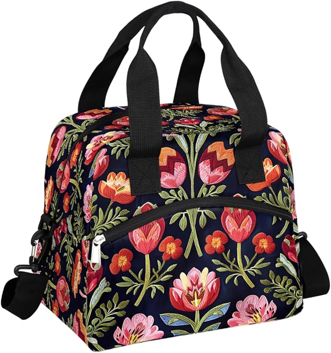 Pardick Red Flower Floral Insulated Lunch Bag for Women Girl Reusable Lunch Tote Box With Shoulder Strap Lightweight Thermal Cooler Meal Prep Bag for Work School Office Picnic
