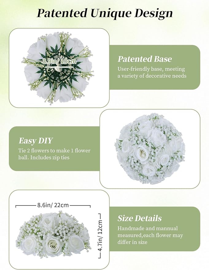 BLOSMON White Flowers for Centerpieces Wedding: 10 Pcs Artificial Rose Babys Breath Flower Balls for Table Decoration - Fake Silk Kissing Floral Arrangement for Home Party Event Decor