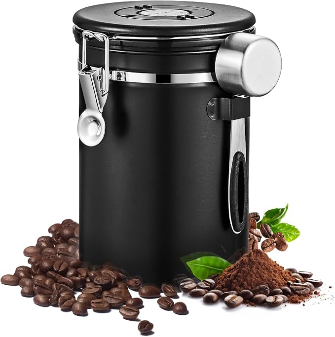 Airtight Coffee Container with Date Tracker & Spoon - Kitchen Storage Jar for Coffee Grounds, Cereal, Beans, Sugar (Black, 24OZ)