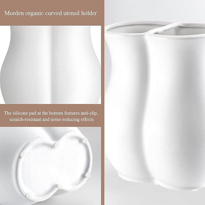 2026 Upgraded Vintage Kitchen Utensil Holder - Ceramic Utensil Crock Dual Compartment Curved, Modern Countertop Organizer for Farmhouse/Rustic Kitchen Decor(Matte White)