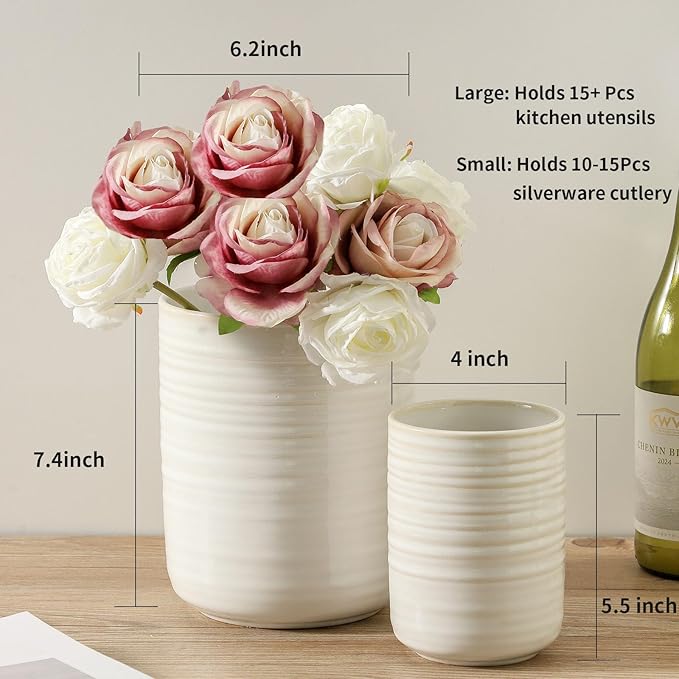 HASENSE Cooking Utensil Holder, 7.4"+5.5" Ceramic Kitchen Utensil Holder for Counter, Rustic Utensil Oganizer Crocks for Spatula, Ice Bucket Gift for Dad, Set of 2, Clay-Infused White