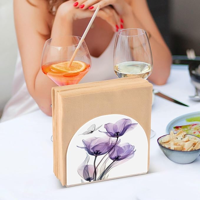 Purple Tulips Flowers Butterfly Napkin Holder for Tables Paper Cocktail Napkin Holders for Kitchen and Dinning, Acrylic Dinner Napkin Dispenser for Restaurant Home Decor Bar Accessories 1 Pack