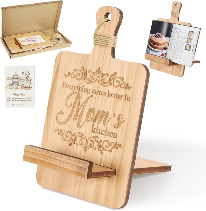 Putuo Decor Reversible Wood Cookbook Stand for Kitchen Counter Adjustable Recipe Book Holder Everything Tastes Better in Mom's Kitchen with Tablet Slot Gift Ready