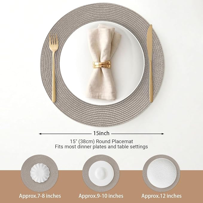 FunWheat Round Braided Placemats Set of 4 Table Mats for Dining Tables Woven Washable Non-Slip Place mats 15 inch(Taupe, 4pcs)
