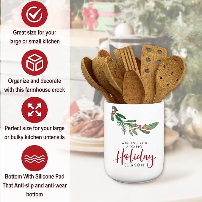 JarThenaAMCS Christmas Ceramic Utensil Holder Holly Berry Wishing You A Happy Holiday Utensil Crock for Winter Xmas Home Kitchen Countertop Storage Organizer Container