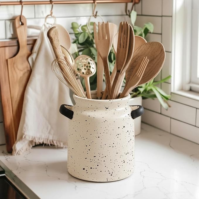 Qinyoung Rustic Kitchen Utensil Holder 6 Inch Small Ceramic Utensil Holder with Handle Vintage Crock Decoration Spatula Organizer for Kitchen Countertop Farmhouse Party Supplies (Beige,Speckled)